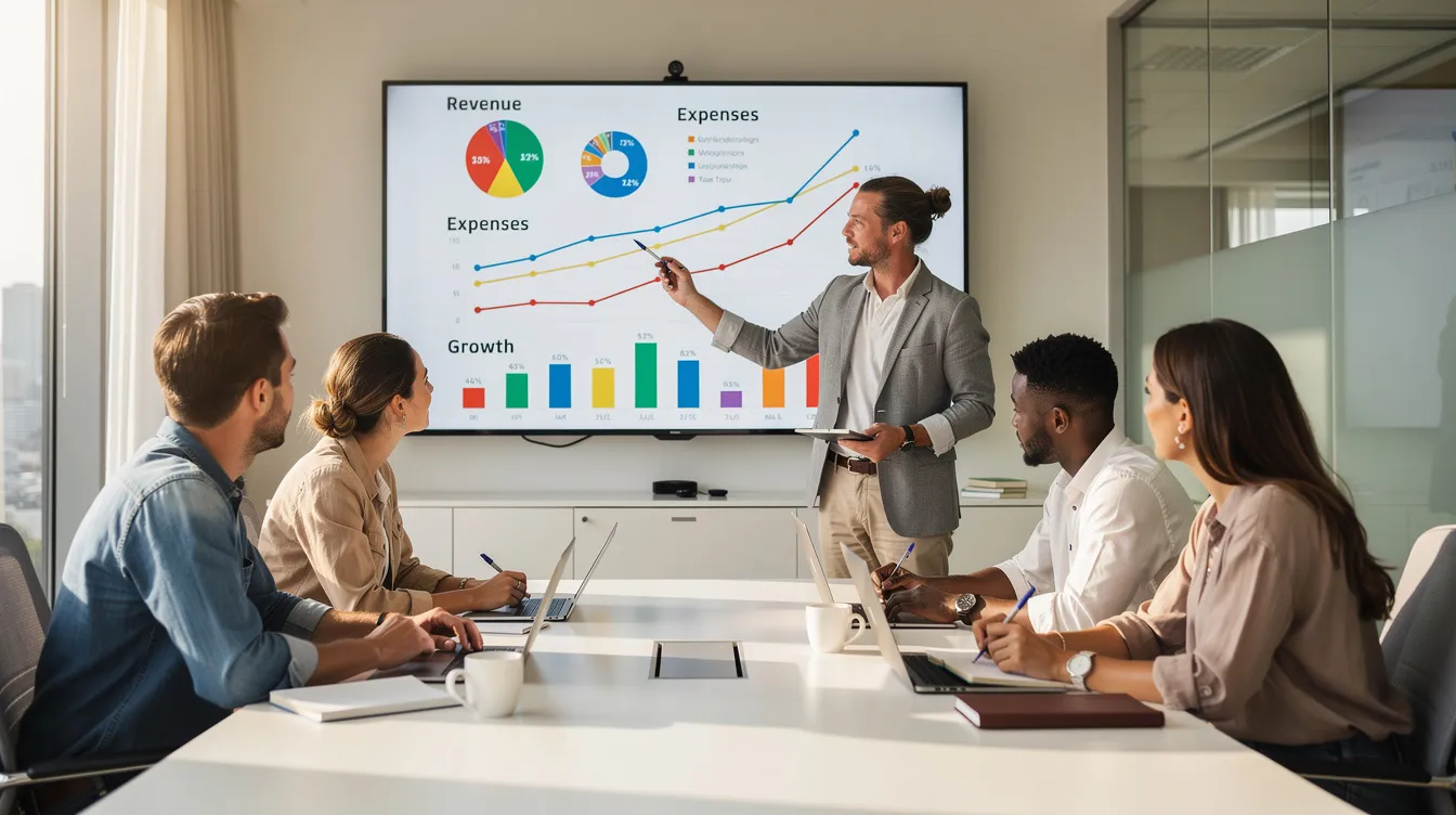 A small business team is gathered in a bright meeting room, intently reviewing financial charts displayed on a screen, highlighting their focus on financial reporting and management. This scene reflects the collaborative efforts of the internal accounting team as they strategize for business growth and operational efficiency.