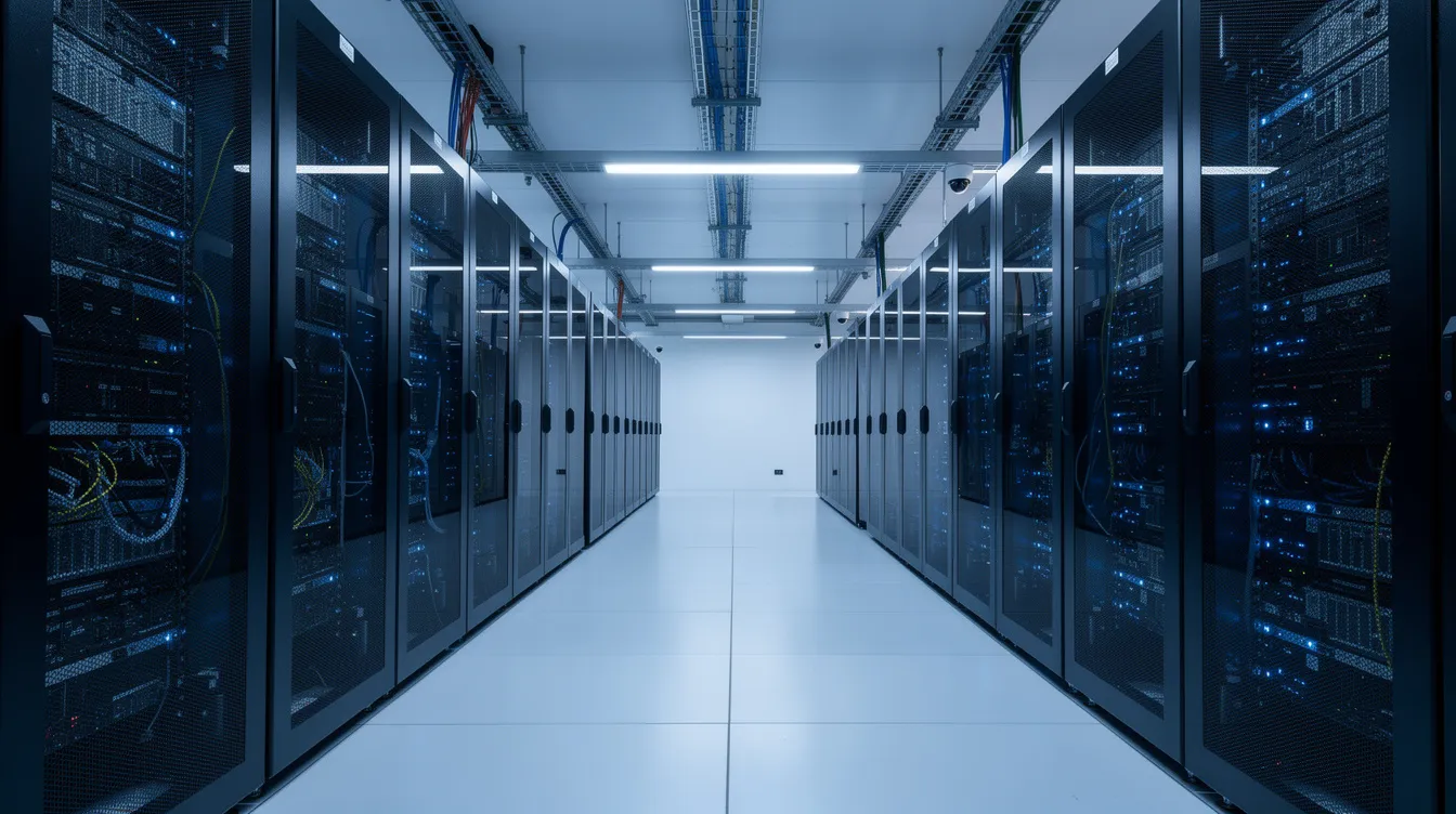 The image depicts a secure data centre filled with rows of server racks illuminated by blue LED lighting, showcasing a critical infrastructure that supports data security and efficiency in operations. This environment is essential for outsourcing providers in the insurance industry, enabling them to manage claims processing and other tasks effectively while enhancing the client experience.