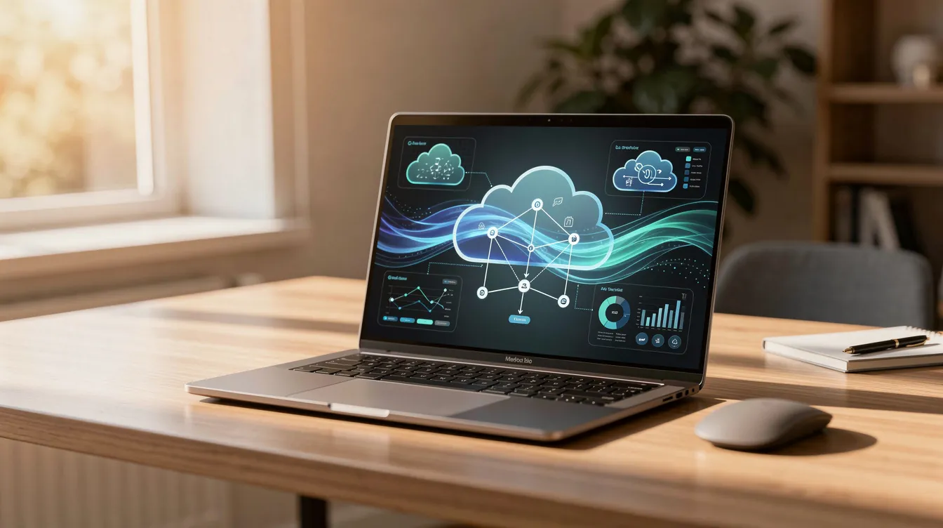 A modern laptop sits on a clean desk, showcasing vibrant graphics related to cloud computing and digital workflows, illuminated by warm natural light. This image reflects the efficiency of outsourced accounting services and the importance of financial data management for businesses aiming for strategic growth.