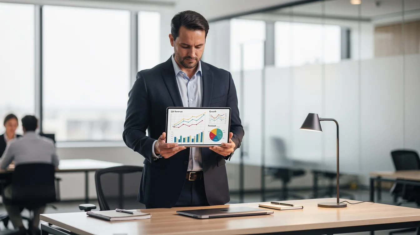 A business leader stands at a modern desk, intently reviewing financial charts and graphs on a tablet, surrounded by a bright workspace that reflects a focus on data security and efficient financial reporting. This scene highlights the importance of outsourced accounting services and strategic growth for many business owners.