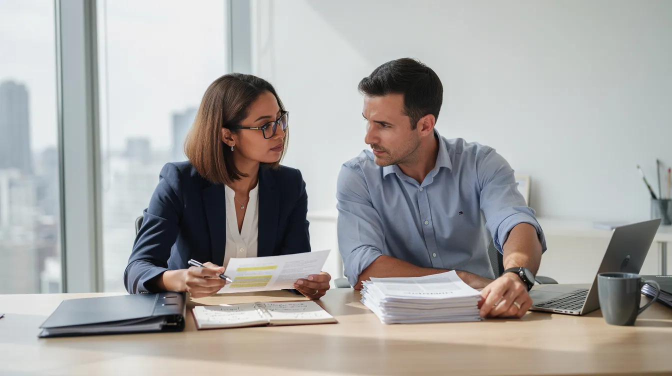 Two professionals are collaborating at a desk in a modern office filled with natural light, reviewing documents related to the financial planning preparation process. This scene highlights the importance of client relationships and the seamless integration of outsourced financial planning services in a dynamic work environment.