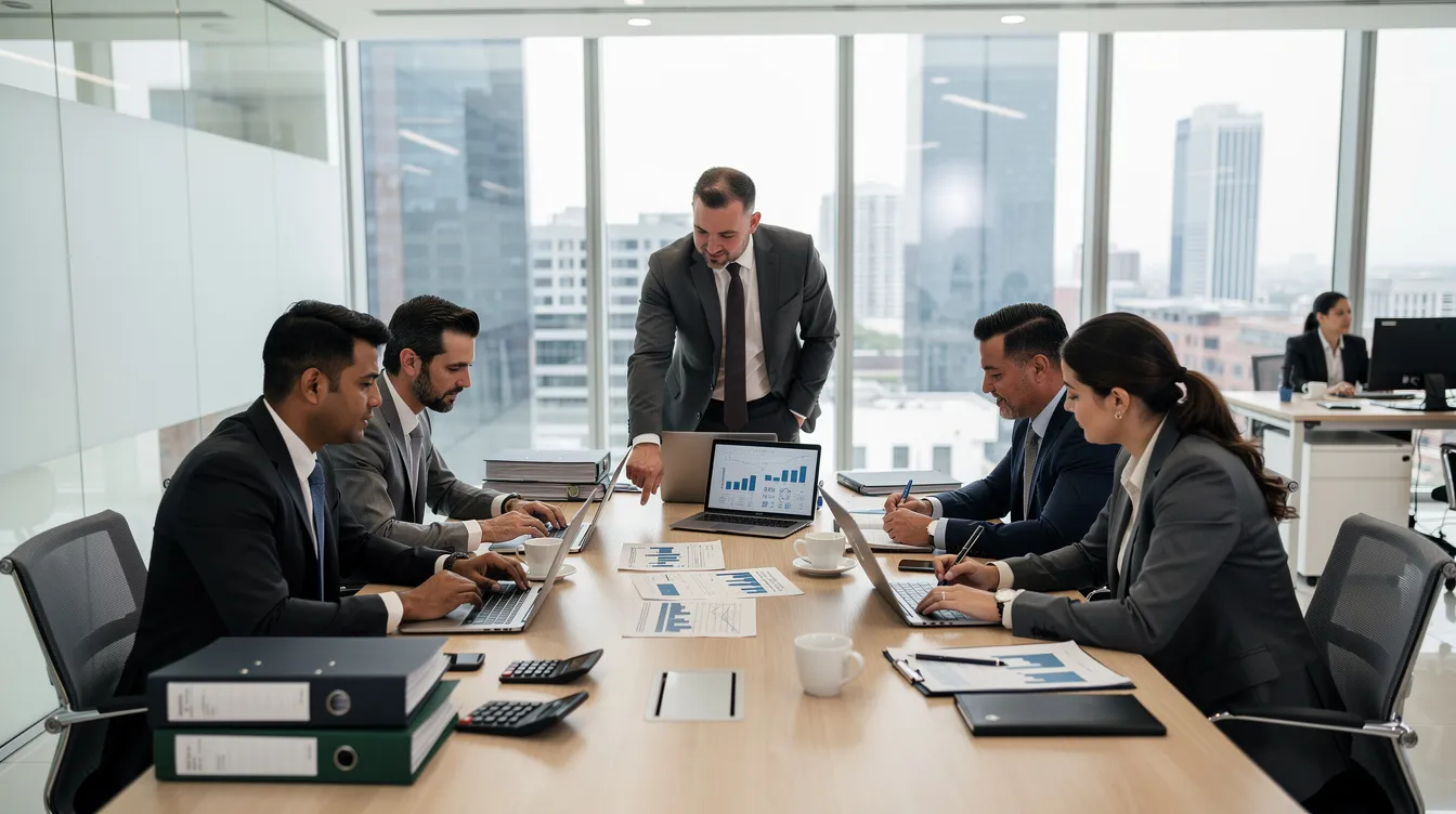 A group of professional accountants collaborates around a large desk in a modern office, surrounded by laptops and documents, as they discuss strategies for outsourced accounting services and financial reporting. Their teamwork exemplifies the importance of specialized expertise in managing sensitive financial data and improving cash flow for Australian businesses.