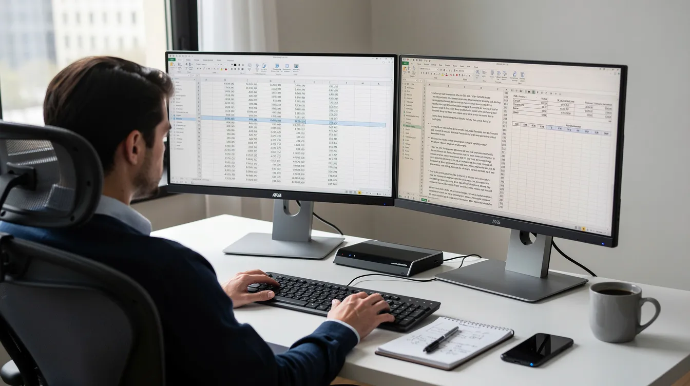 An individual is seated at a desk working with two monitors displaying spreadsheets and documents, likely managing tasks related to claims processing in the insurance industry. This setup exemplifies the use of new technologies to enhance efficiency and support operations in outsourcing services.