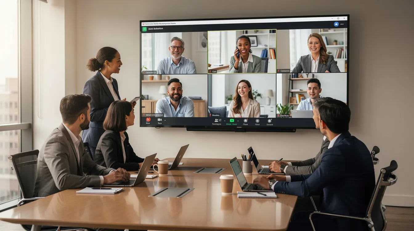 A small team is engaged in a video conference call, with remote colleagues displayed on a large screen, discussing financial planning tasks and client relationships. This collaborative setting highlights the importance of outsourced financial planning services and the seamless integration of technology in the financial advisory process.