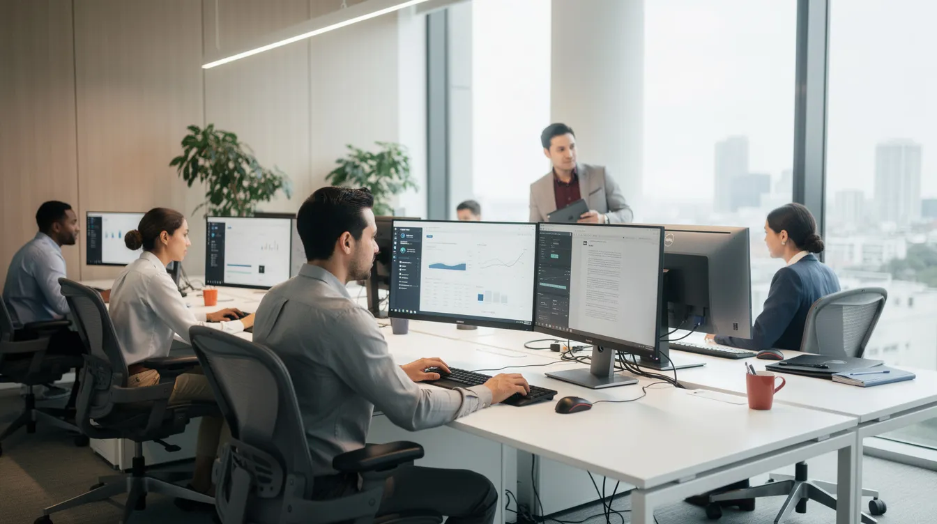 The image depicts a professional team working diligently at their desks, utilizing dual monitors in a modern office environment. This setting emphasizes the collaboration and efficiency of outsourcing providers in the insurance industry, where teams focus on tasks such as claims processing and data security to enhance the client experience.