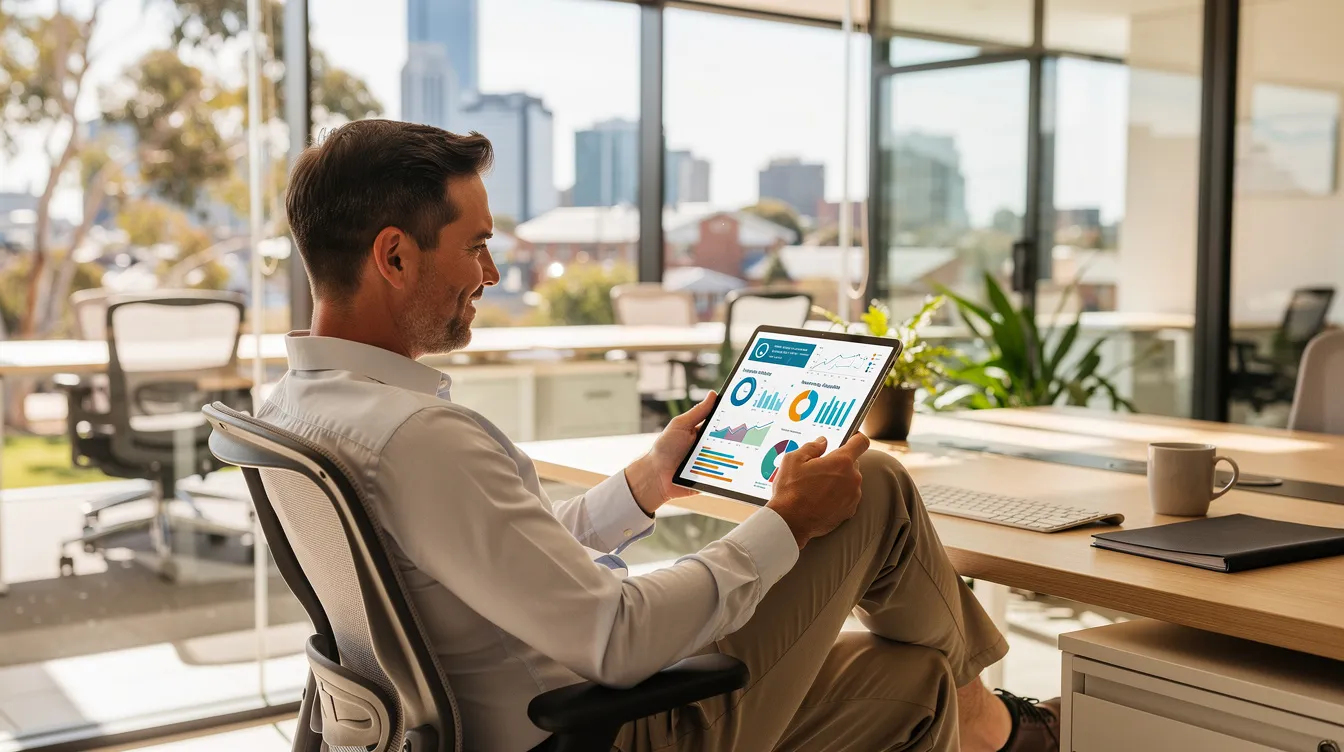 A relaxed business owner is sitting in a bright, modern Australian office, reviewing financial reports on a tablet. The scene emphasizes the importance of accurate financial records and showcases how outsourced bookkeeping services can aid in business growth and informed decision-making.