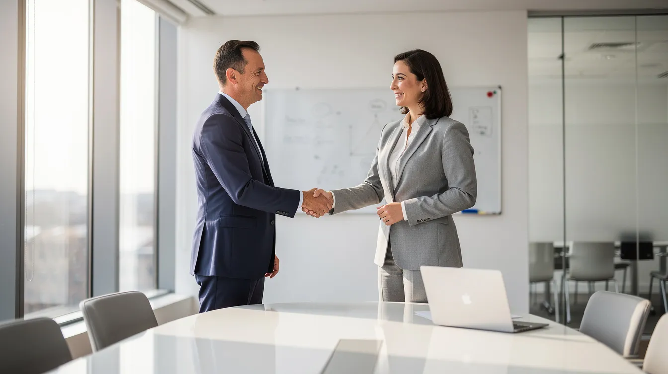 The image shows two professionals shaking hands in a bright office meeting room, with a whiteboard and a laptop in the background, symbolizing a successful partnership in outsourcing bookkeeping services. This setting reflects a collaborative atmosphere where business owners can discuss financial data and strategies for growth while ensuring accurate financial records and effective bookkeeping functions.