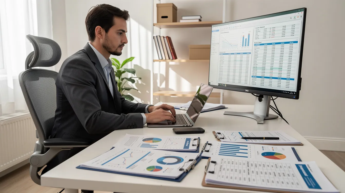 A professional sits at a modern home office desk, working on a laptop surrounded by financial documents, with a second monitor displaying accounting software. This setup highlights the importance of accurate financial records and efficient bookkeeping services for business growth and informed decisions.